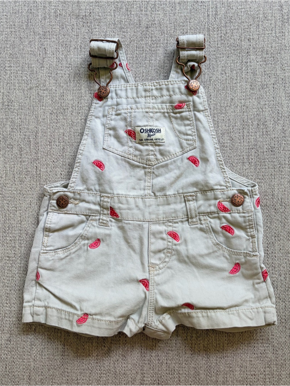 OshKosh B'gosh Cream Short Overalls with Pink Watermelon Embroidery